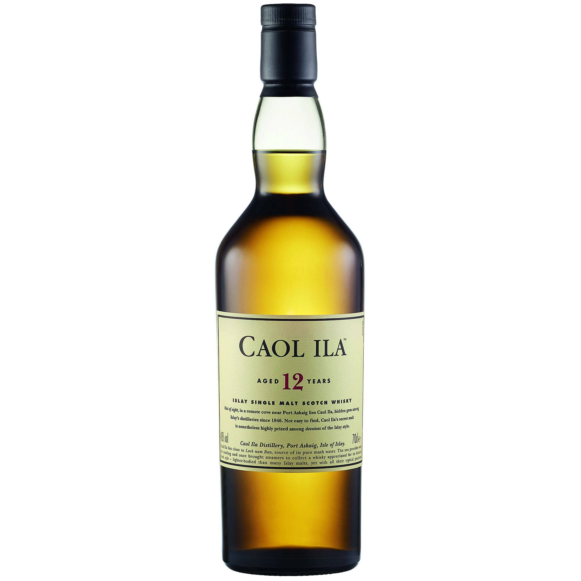alcohol 桌布 壁紙 — 一個透明玻璃瓶的Caol Ila 12年艾雷島單一麥芽蘇格蘭威士忌，內有金色液體和黑色瓶蓋，背景為白色。