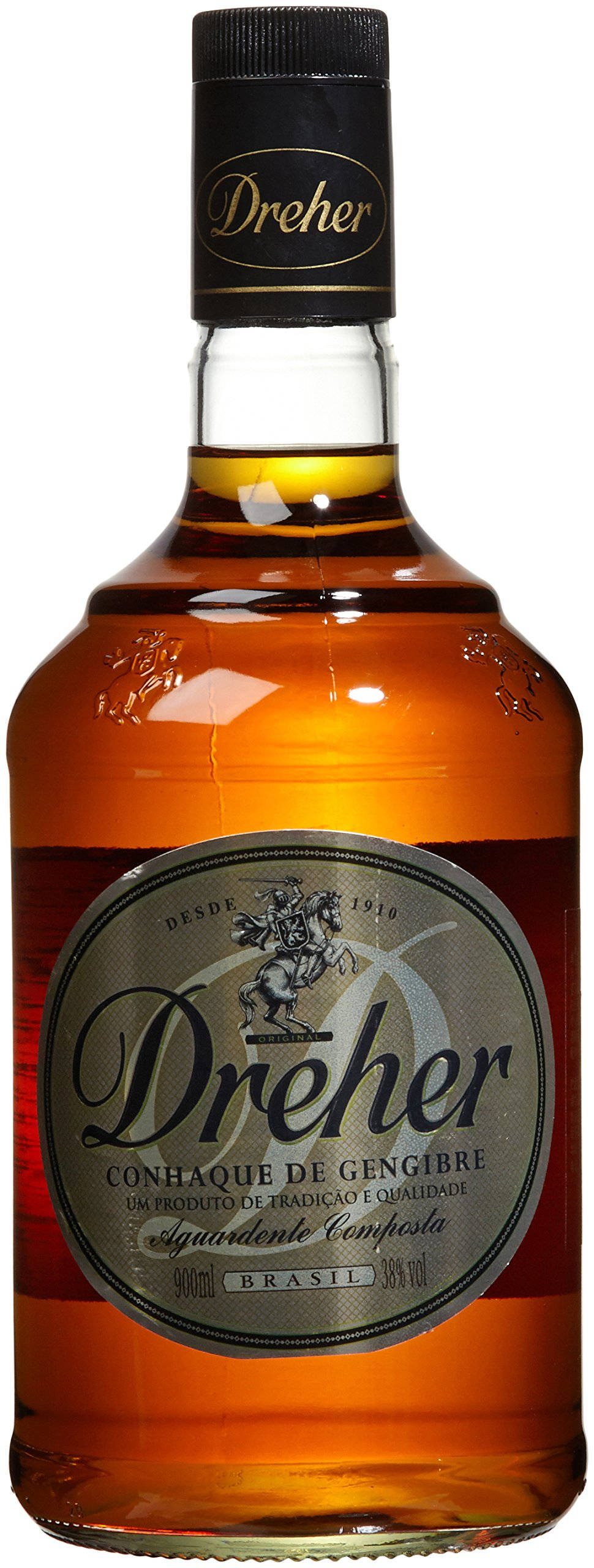 alcohol 桌布 壁紙 — 一個透明玻璃瓶的Dreher薑味利口酒，帶有琥珀色液體和復古標籤，背景為白色。