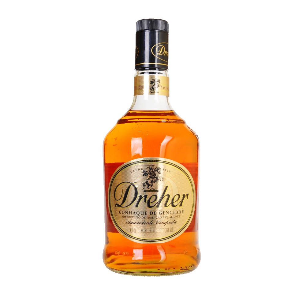 alcohol 桌布 壁紙 — 一個透明玻璃瓶的Dreher薑味利口酒，裝滿琥珀色液體，置於純白背景前。