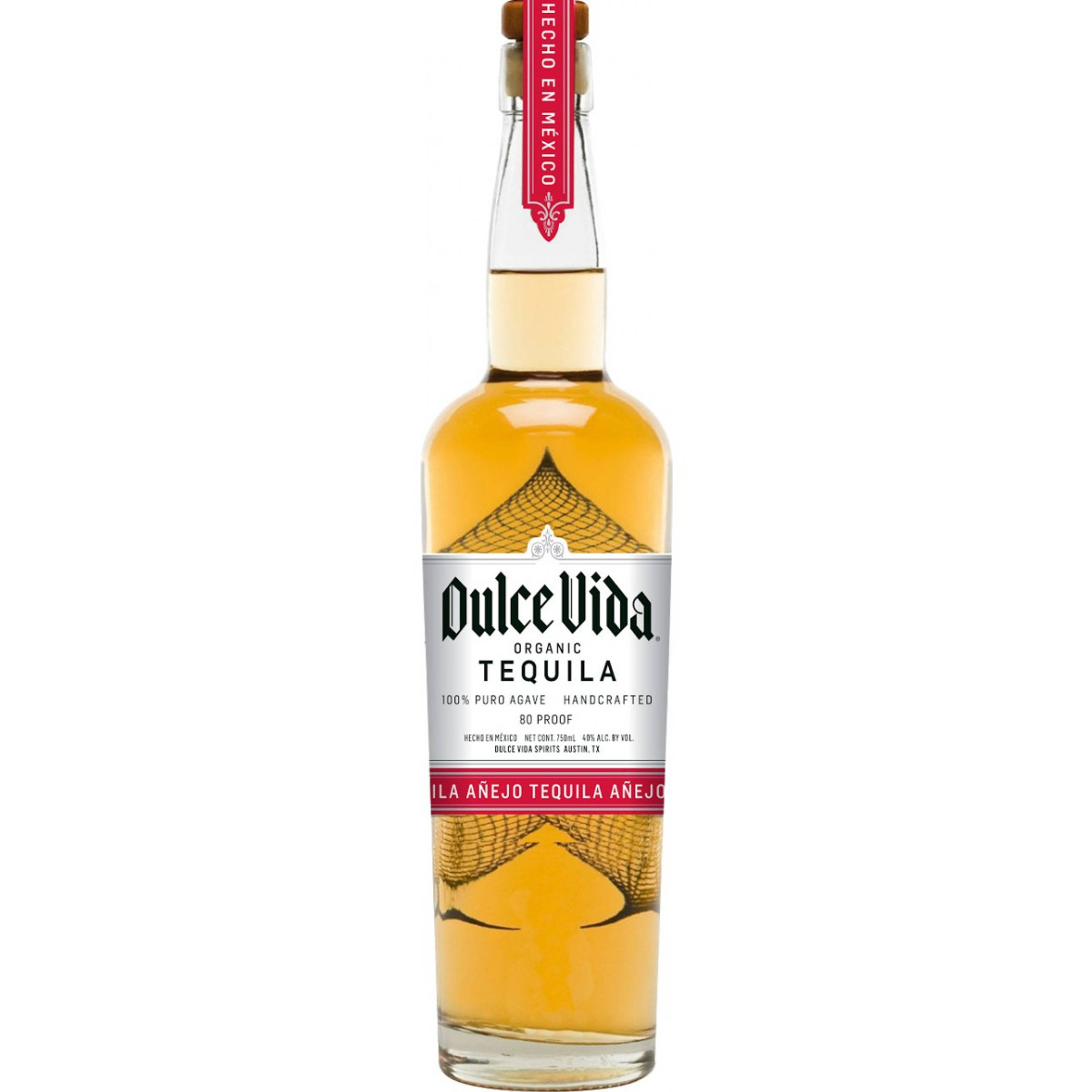Drink 桌布 壁紙 — 一個透明玻璃瓶的Dulce Vida Organic Tequila Añejo，裝有金色液體和紅色標籤，背景為白色。