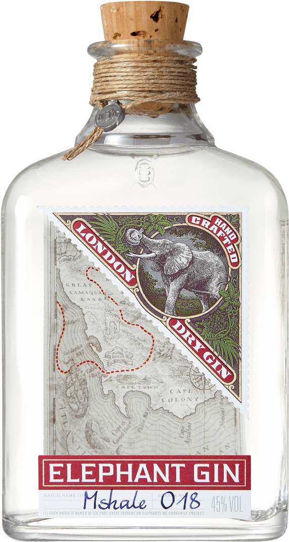 大象 桌布 壁紙 — 一個透明玻璃瓶的Elephant Gin，配有軟木塞和印有大象及復古地圖設計的標籤。