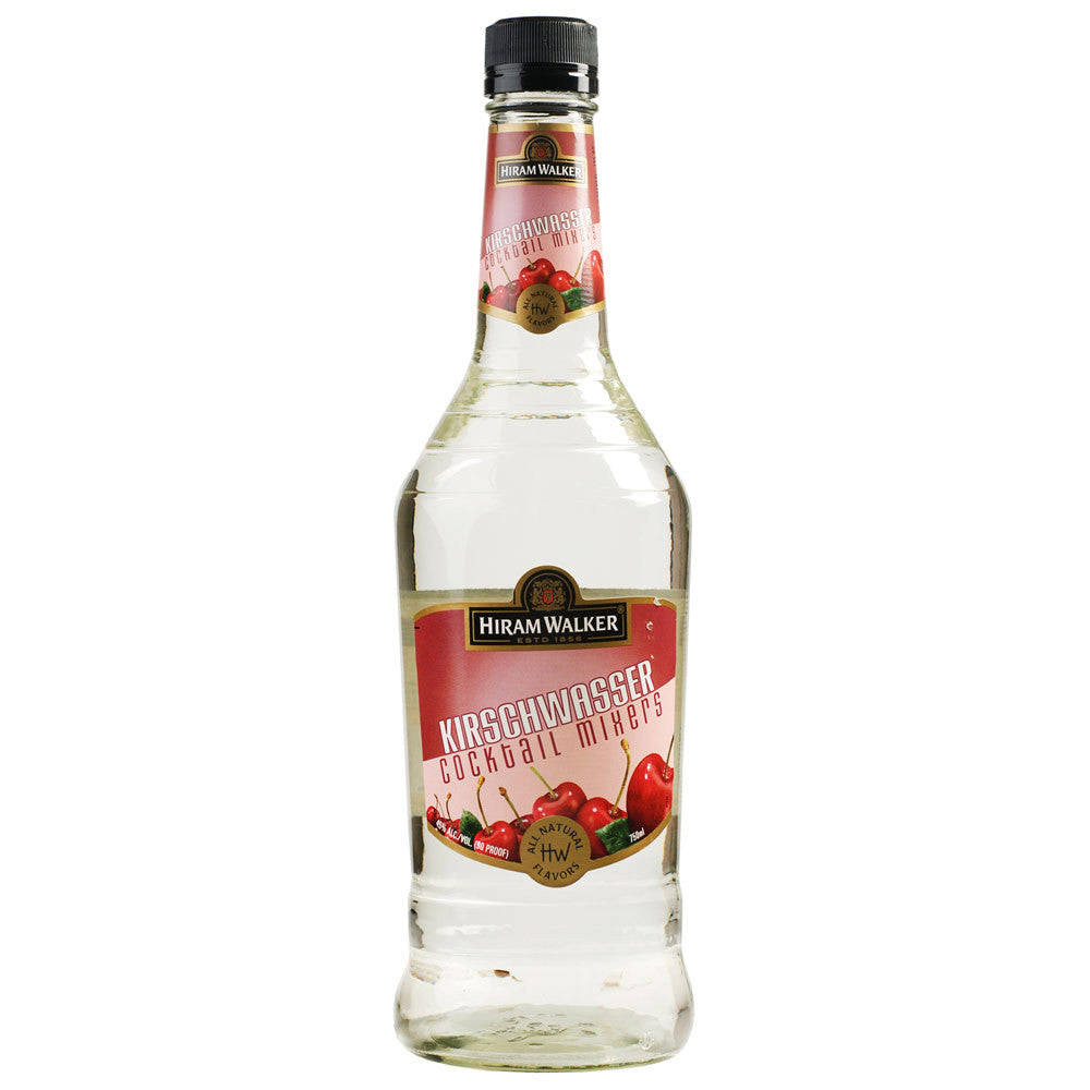 alcohol 桌布 壁紙 — 一個透明玻璃瓶的Hiram Walker Kirschwasser雞尾酒調和器，帶有紅色櫻桃圖案和黑色蓋子，背景為白色。