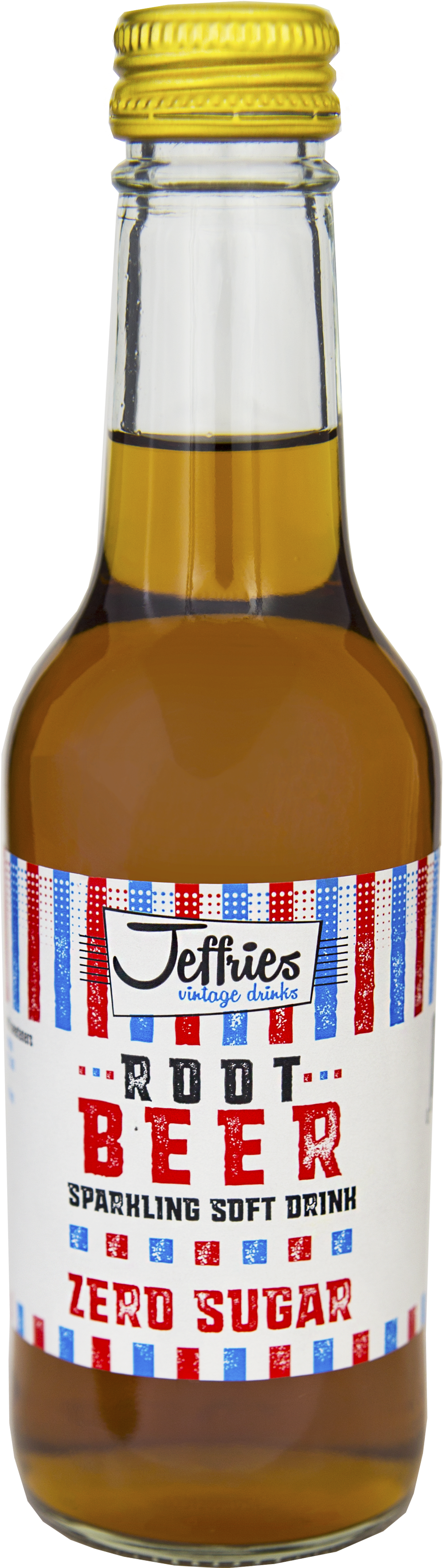 啤酒 桌布 壁紙 — 一個透明玻璃瓶的Jeffies Root Beer，帶有紅、白、藍條紋標籤和金色瓶蓋，裝滿琥珀色液體。