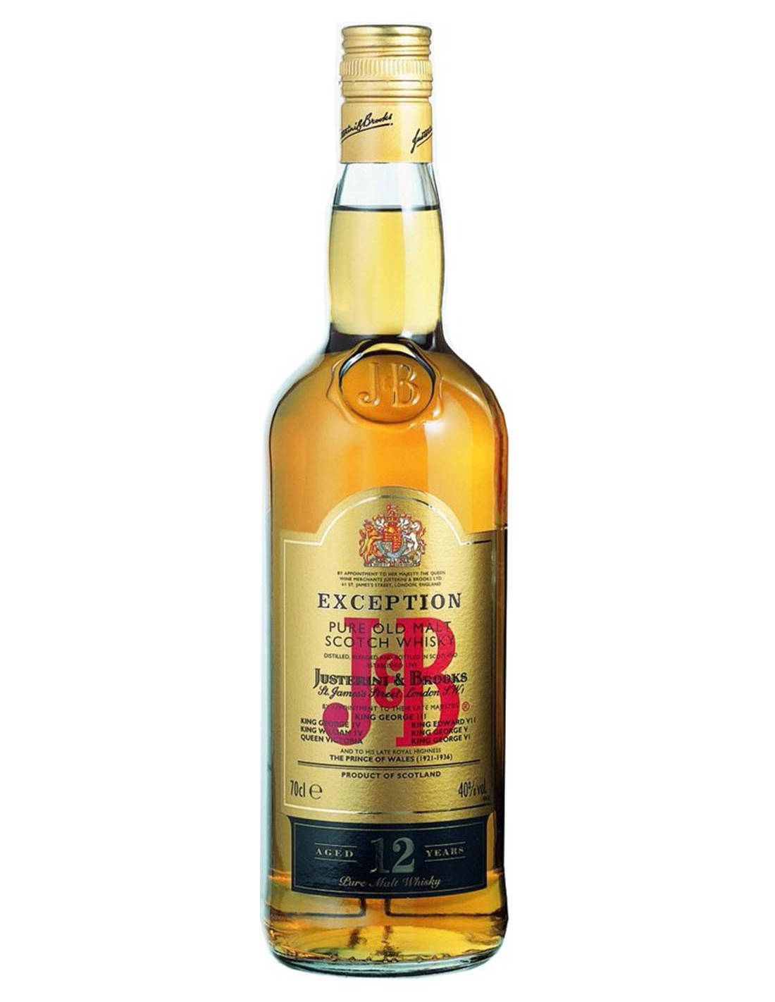 drinks 桌布 壁紙 — 一個透明玻璃瓶的Justerini & Brooks Exception 12年純麥芽蘇格蘭威士忌，帶有金色箔標籤和紅色字體，背景為白色。