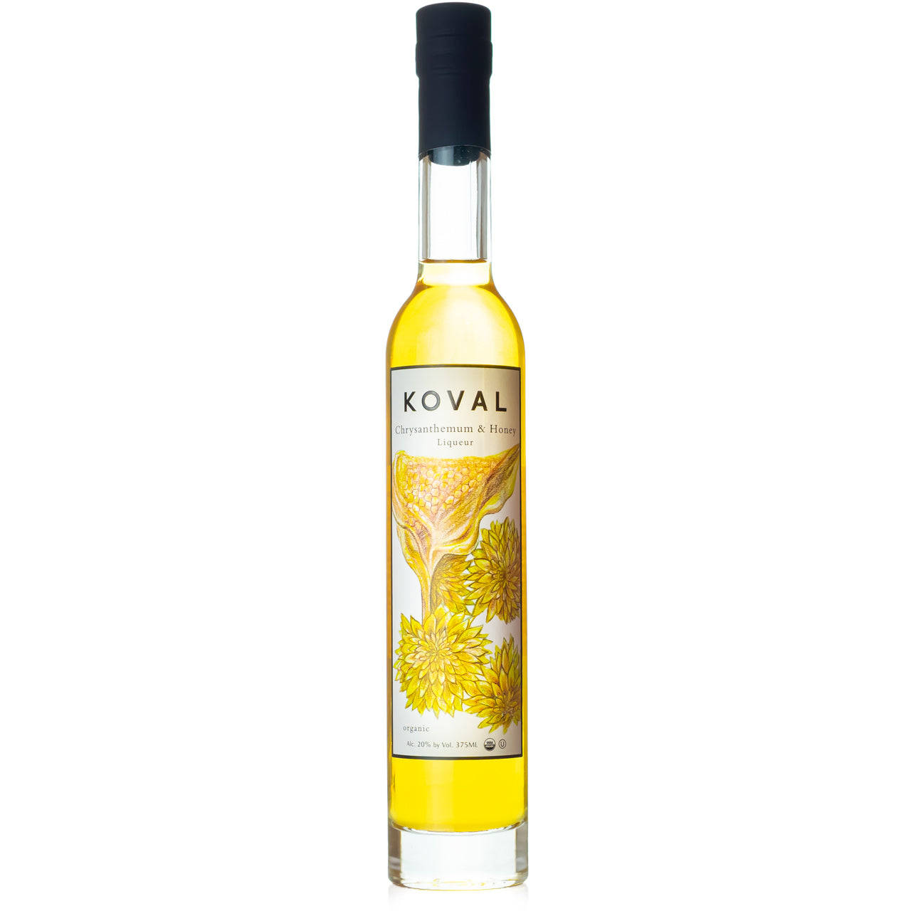 bottle 桌布 壁紙 — 一個透明玻璃瓶的Koval Chrysanthemum & Honey Liqueur，帶有黑色瓶蓋和黃色花卉標籤，立在白色背景前。