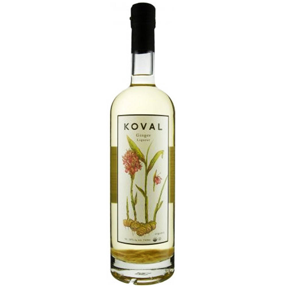 alcohol 桌布 壁紙 — 一個透明玻璃瓶的Koval Ginger Liqueur，帶有植物插圖標籤，背景為白色。