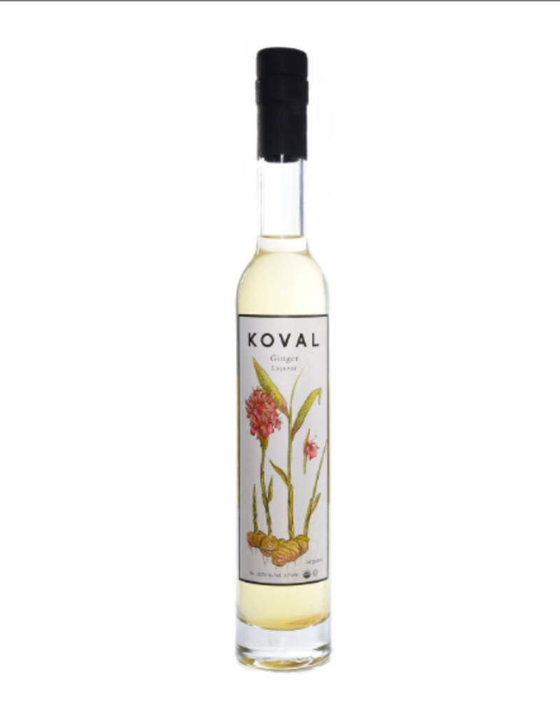 alcohol 桌布 壁紙 — 一個透明玻璃瓶的Koval Ginger Liqueur，帶有植物插圖標籤，背景為白色。