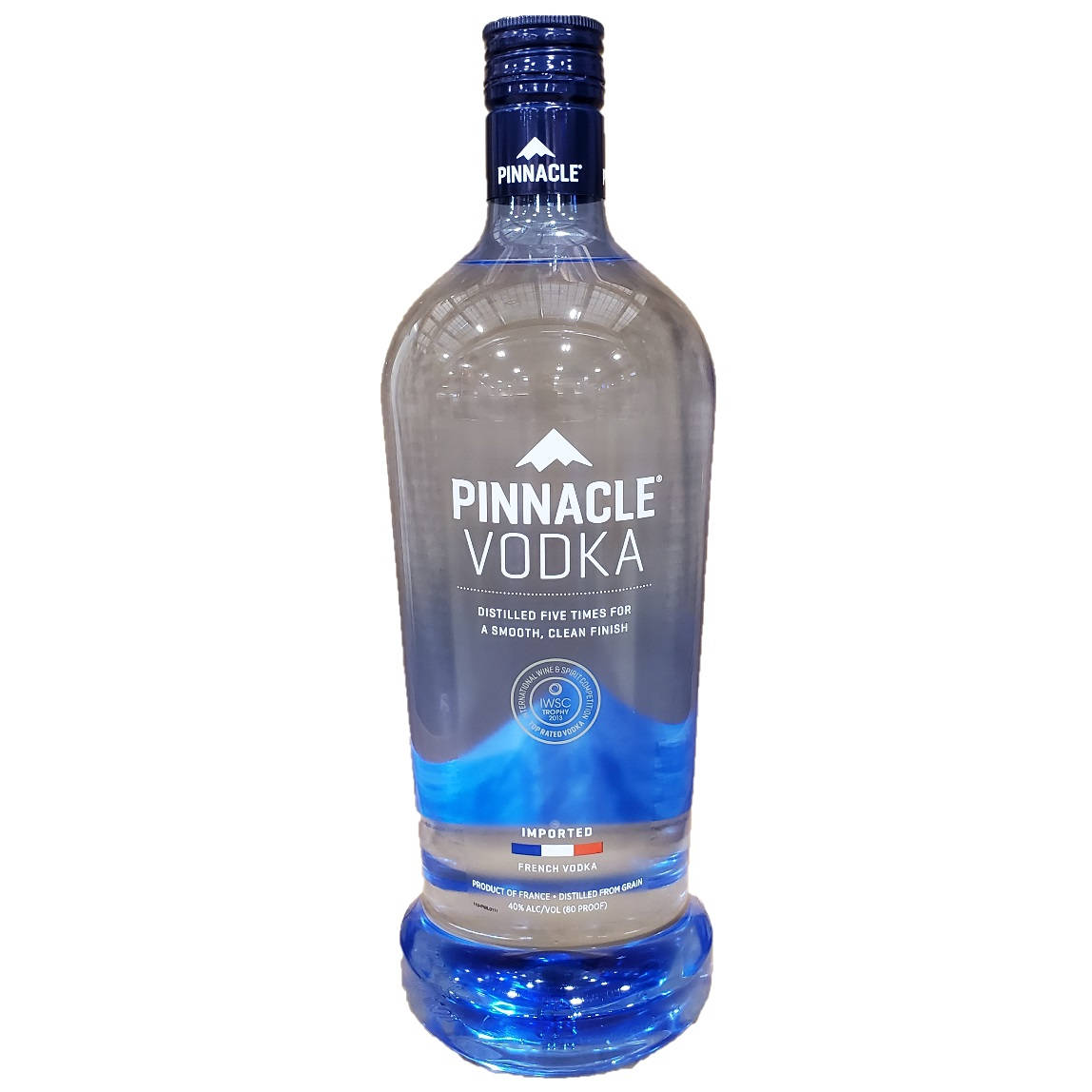 bottle 桌布 壁紙 — 一個透明玻璃瓶的Pinnacle Vodka，帶有藍色點綴和山脈標誌，立在白色背景前。
