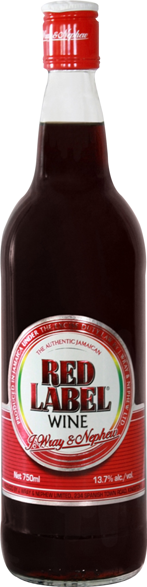 Wine Bottle 桌布 壁紙 — 一個透明玻璃瓶的Red Label牙買加葡萄酒，帶有紅色標籤和白色蓋子，背景為黑色。
