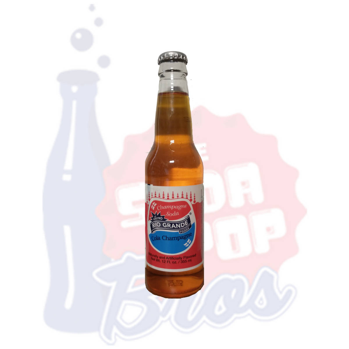 Drink 桌布 壁紙 — 一個透明玻璃瓶的Rio Grande Cola Champagne汽水，裝有琥珀色液體和銀色瓶蓋，站在白色背景前，帶有淡淡的汽水主題圖案。