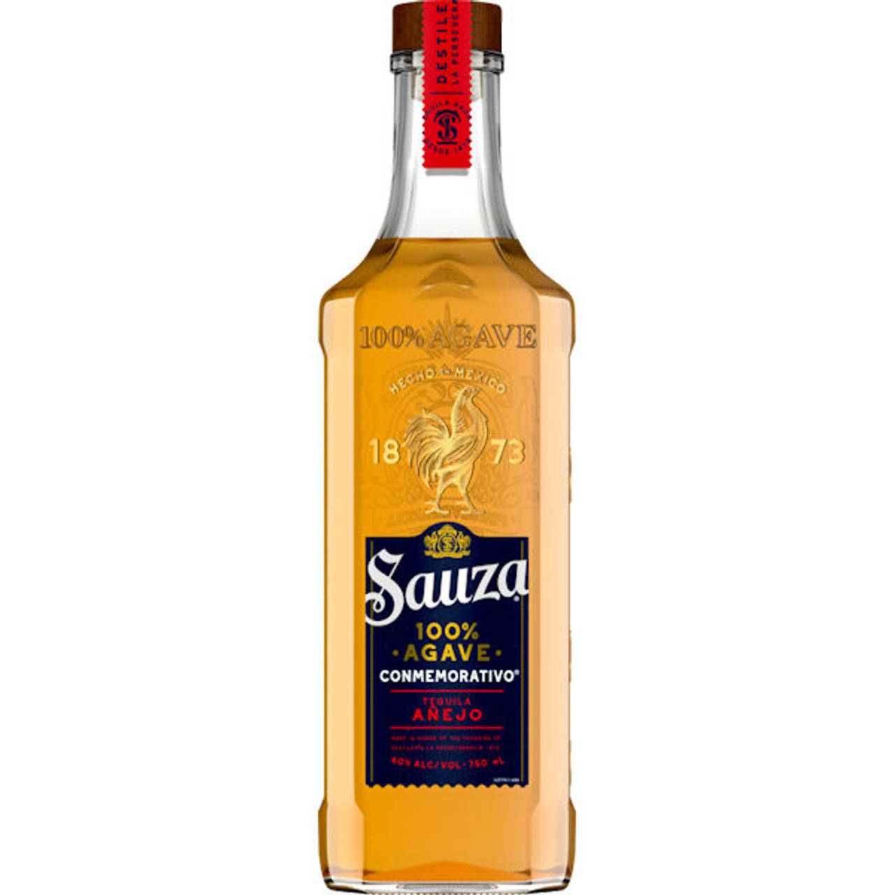 alcohol 桌布 壁紙 — 一個透明玻璃瓶的Sauza 100% Agave Añejo龍舌蘭酒，內有金色液體和紅色封條，背景為白色。