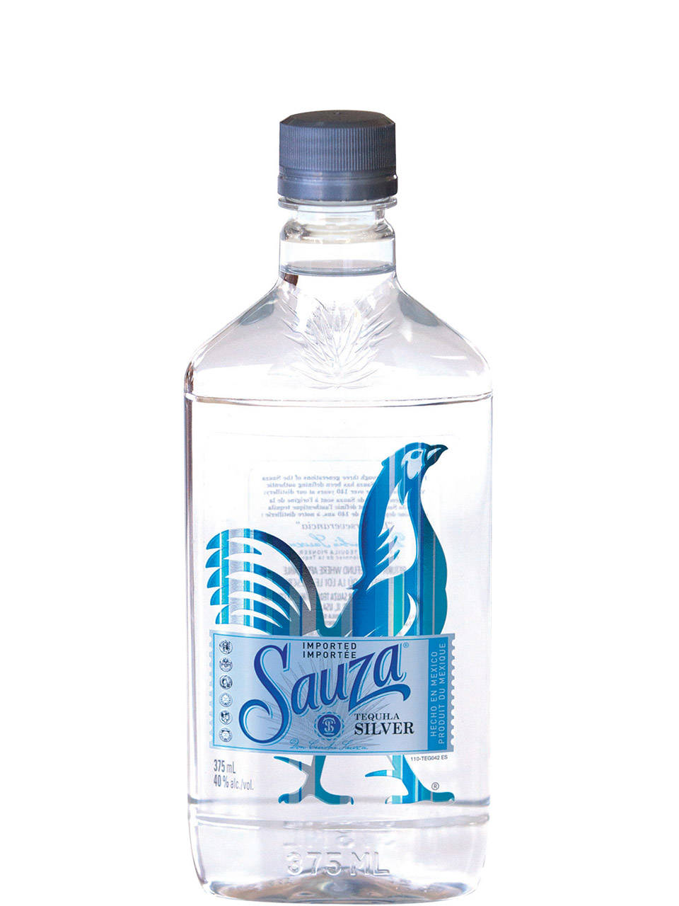 高清 桌布 壁紙 — 一個透明玻璃瓶的Sauza Silver Tequila，帶有藍色標籤，上面有風格化的鳥類設計，背景為白色。