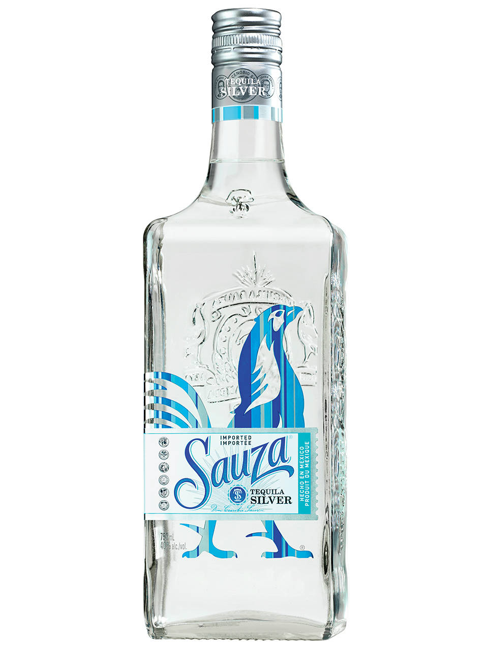 alcohol 桌布 壁紙 — 一個透明玻璃瓶的Sauza Tequila Silver，帶有藍白標籤，上面有風格化的鳥類設計，背景為白色。