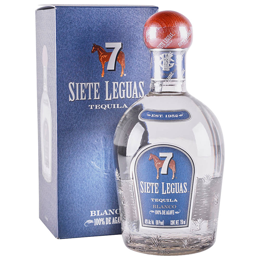 高清 桌布 壁紙 — 一個透明玻璃瓶的Siete Leguas Blanco龍舌蘭酒，帶有紅色木塞，旁邊是其藍色紋理盒子，上面有馬標誌。