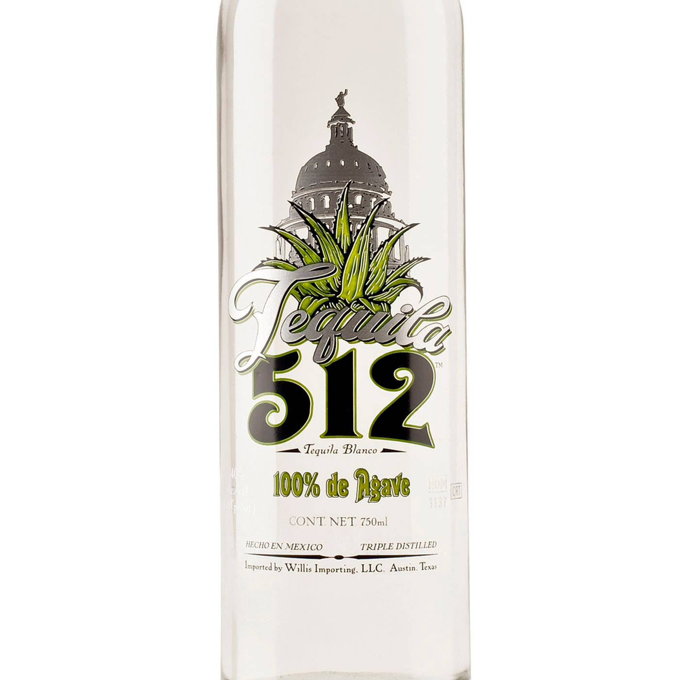 drinks 桌布 壁紙 — 一個透明玻璃瓶的Tequila 512，帶有銀色和綠色標籤，上面有龍舌蘭植物和圓頂建築插圖。