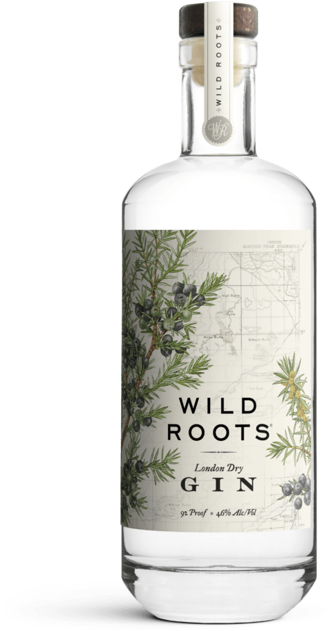 好看 桌布 壁紙 — 一個透明玻璃瓶的Wild Roots London Dry Gin，帶有植物插圖和復古地圖標籤，背景為黑色。