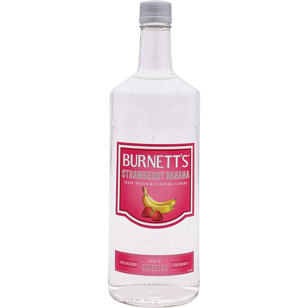 drinks 桌布 壁紙 — 一個透明玻璃瓶裝的 Burnett's Strawberry Banana 伏特加，帶有粉紅色標籤，上面有水果插圖，背景為白色。