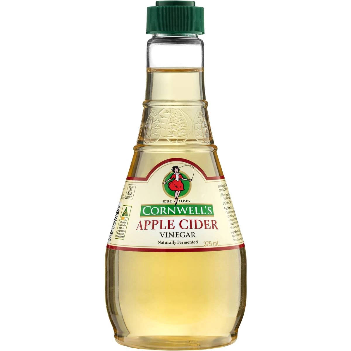 Drink 桌布 壁紙 — 一個透明玻璃瓶裝的Cornwell's蘋果醋，綠色瓶蓋，復古標籤上有一位穿紅衣的女子。