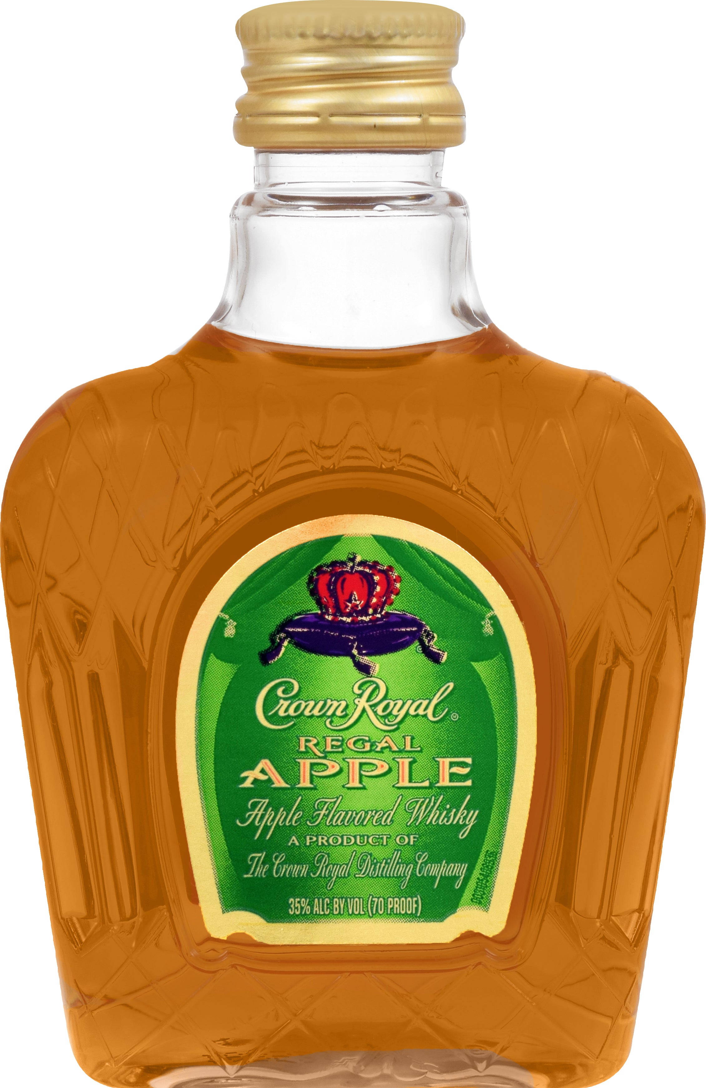 蘋果 桌布 壁紙 — 一個透明玻璃瓶裝的Crown Royal Regal Apple威士忌，金色瓶蓋，綠色標籤上有一隻戴皇冠的雄鹿。