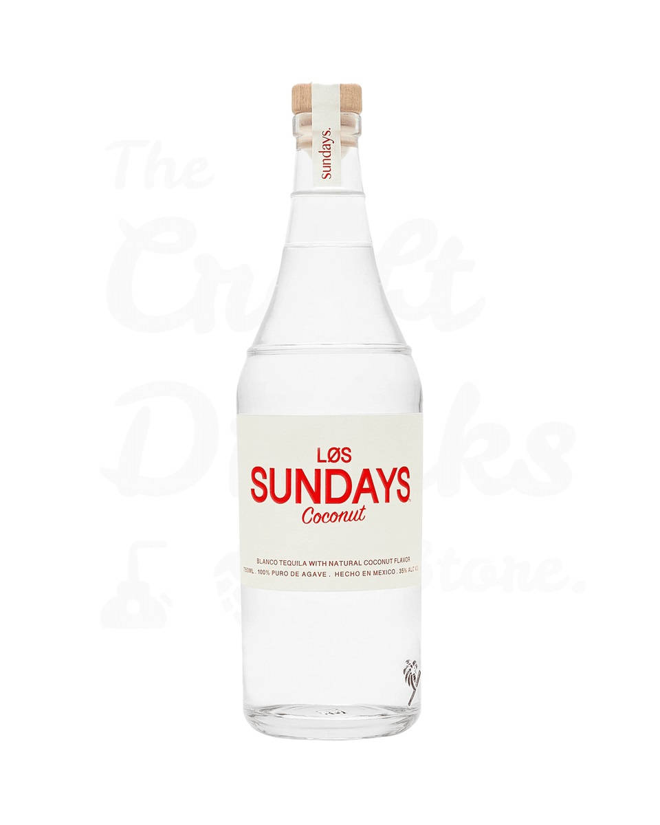 bottle 桌布 壁紙 — 一個透明玻璃瓶裝的Los Sundays椰子龍舌蘭酒，配有軟木塞和極簡標籤，背景為白色。