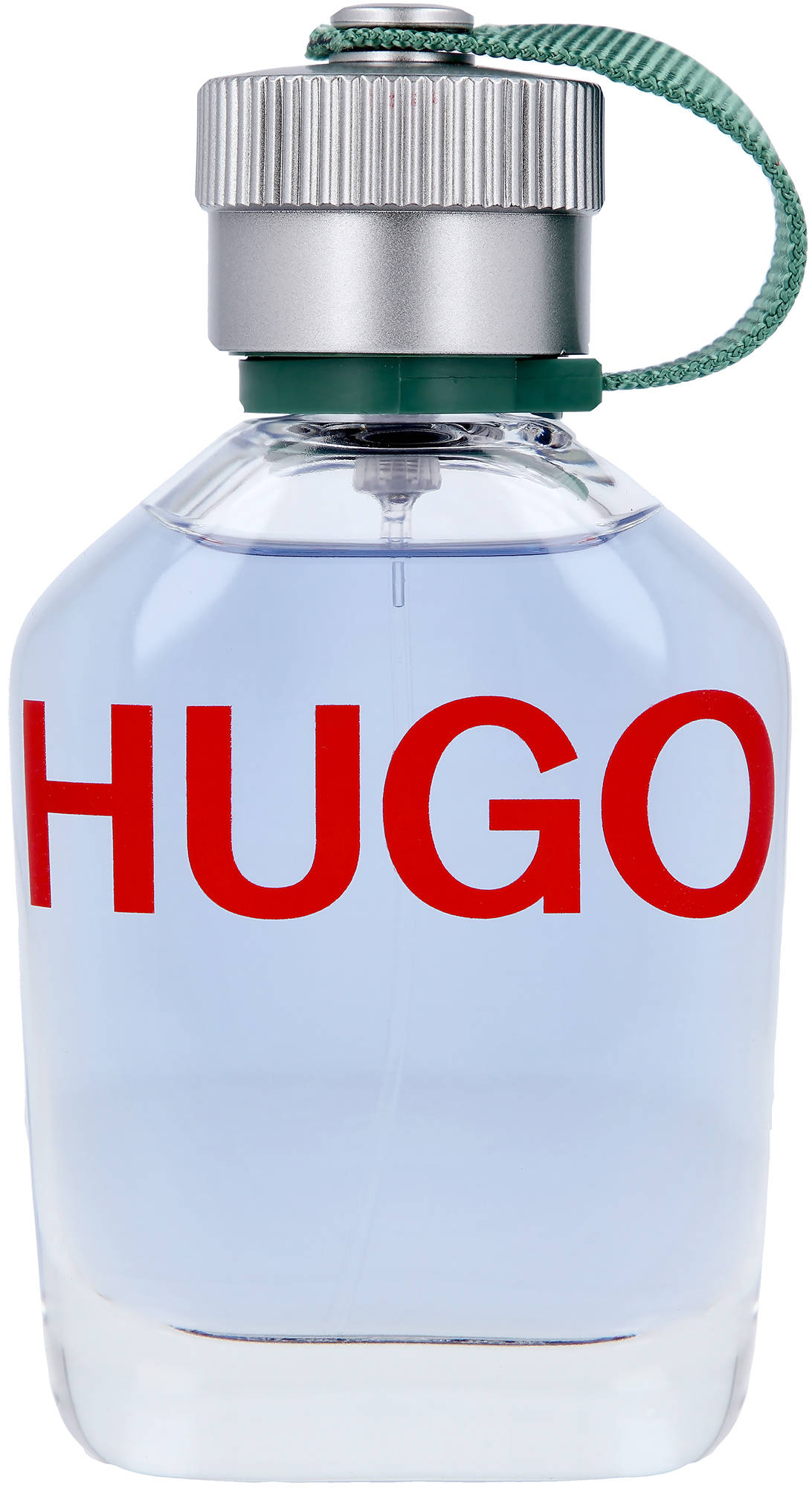 品牌 桌布 壁紙 — 一個透明玻璃的Hugo Boss香水瓶，帶有粗體紅色字樣和一個帶綠色帶子的銀色瓶蓋。