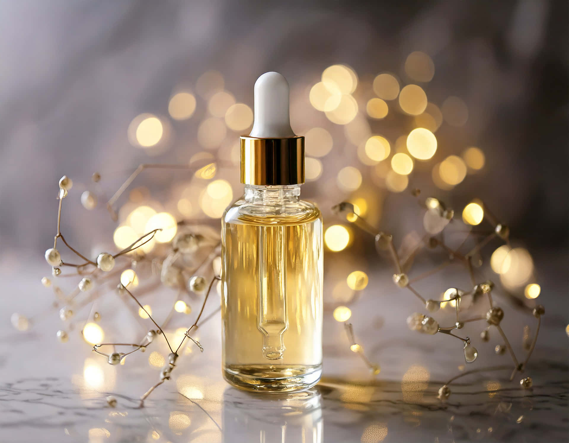 Bottle of serum 壁紙 — 一個透明玻璃精華液瓶，帶金色蓋子和白色滴管，放在大理石上，周圍環繞滿天星和溫暖的散景燈光。