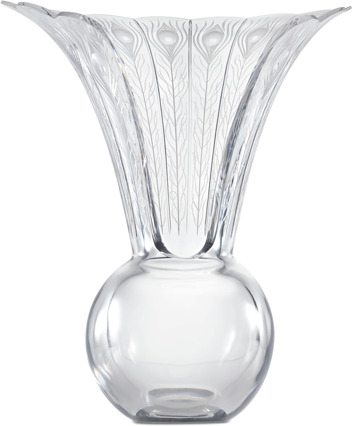 Vase 桌布 壁紙 — 一個透明玻璃花瓶，帶有喇叭形邊緣和蝕刻孔雀羽毛圖案，立在黑色背景前。