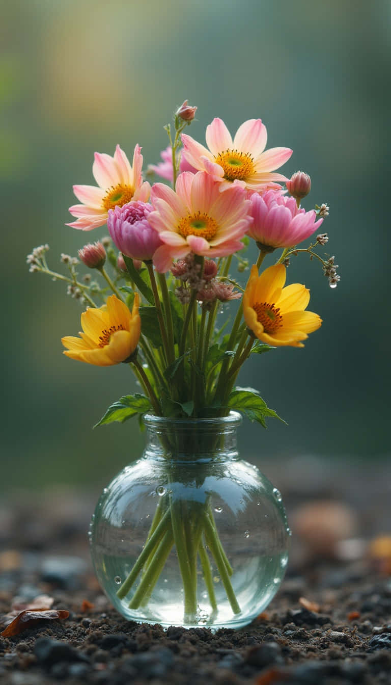 Flower 壁紙 — 一個透明玻璃花瓶插著粉紅色和黃色的花朵，莖上有露珠，背景是柔和模糊的綠色。