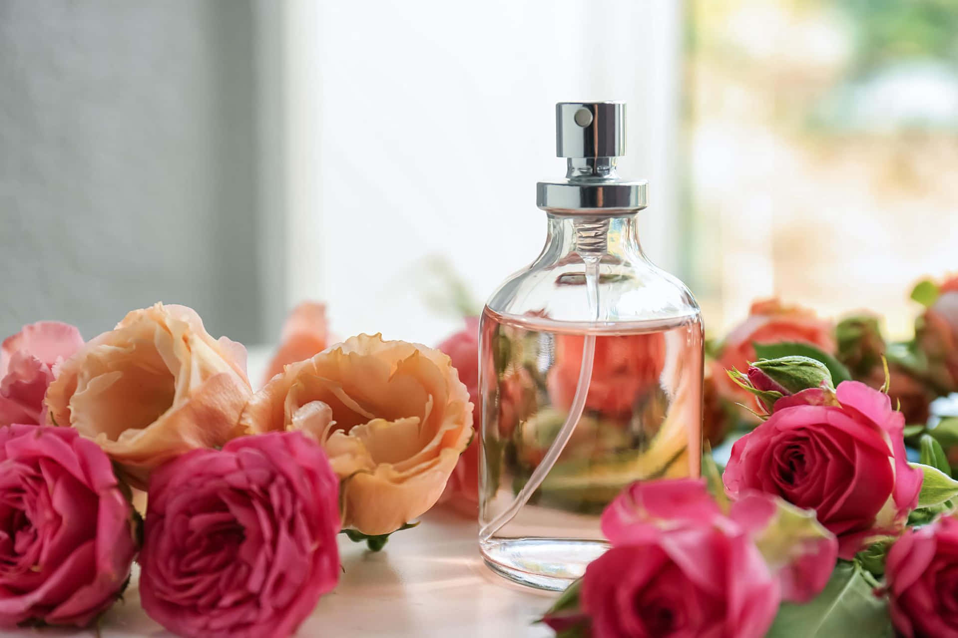 Floral Fragrance 桌布 壁紙 — 一個透明玻璃香水瓶，周圍環繞著鮮豔的粉紅和蜜桃色玫瑰，放在陽光照耀的窗台上。