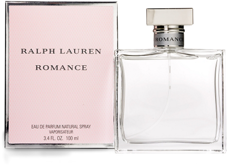 ralph lauren 桌布 壁紙 — 一個透明玻璃香水瓶，帶有銀色瓶蓋和粉紅色盒子，標有 Ralph Lauren Romance，置於黑色背景前。