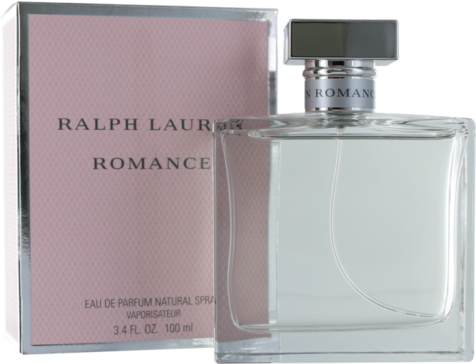 ralph lauren 桌布 壁紙 — 一個透明玻璃香水瓶，配有銀色瓶蓋和帶有 Ralph Lauren Romance 標籤的粉紅色紋理盒子，放在白色背景前。