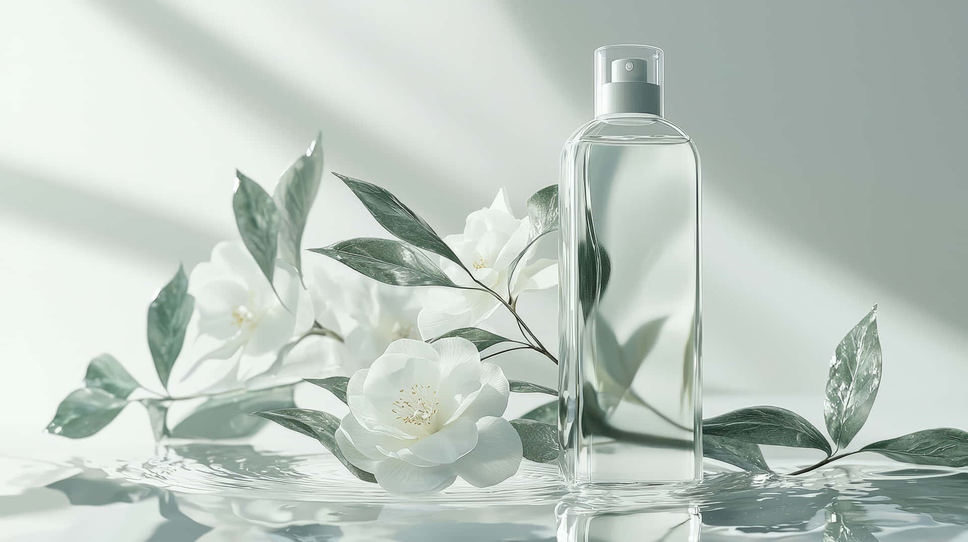 Elegant Perfume Bottle with White Flowers and Water 壁紙 — 一個透明玻璃香水瓶放在白色山茶花和綠葉旁邊，置於柔光下反射的濕潤表面上。