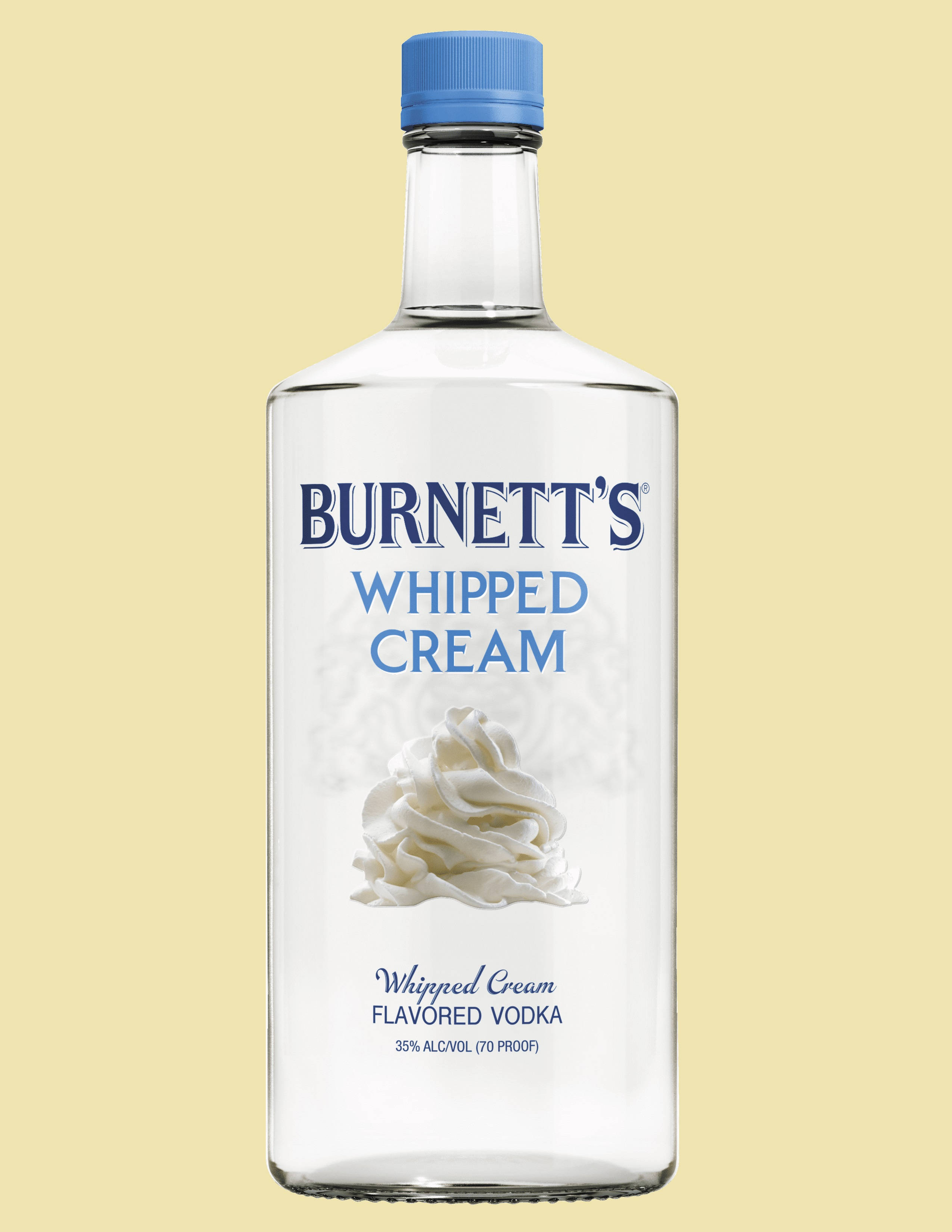 drinks 桌布 壁紙 — 一個透明瓶裝 Burnett's 鮮奶油風味伏特加，藍色瓶蓋，帶有奶油漩渦圖案，背景為淡黃色。