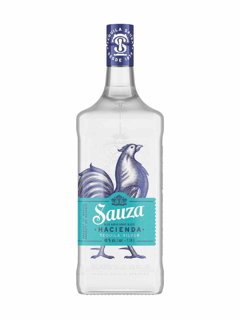 高清 桌布 壁紙 — 一個透明瓶身的Sauza Hacienda Tequila Silver，帶有藍色公雞插圖和青綠色標籤，背景為白色。