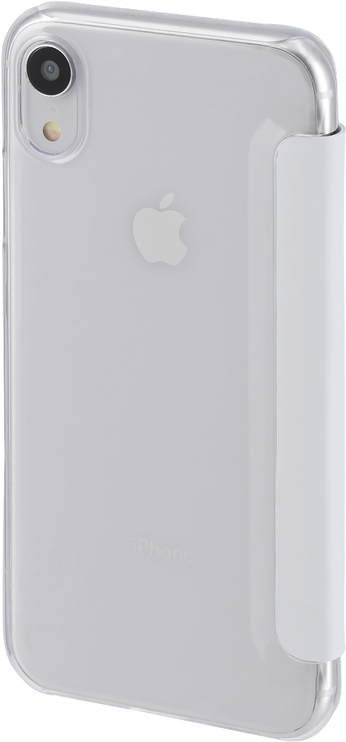 白色 iPhone 桌布 壁紙 — 一個透明白色iPhone XR保護殼，附有垂直手柄，展示在純色背景上。