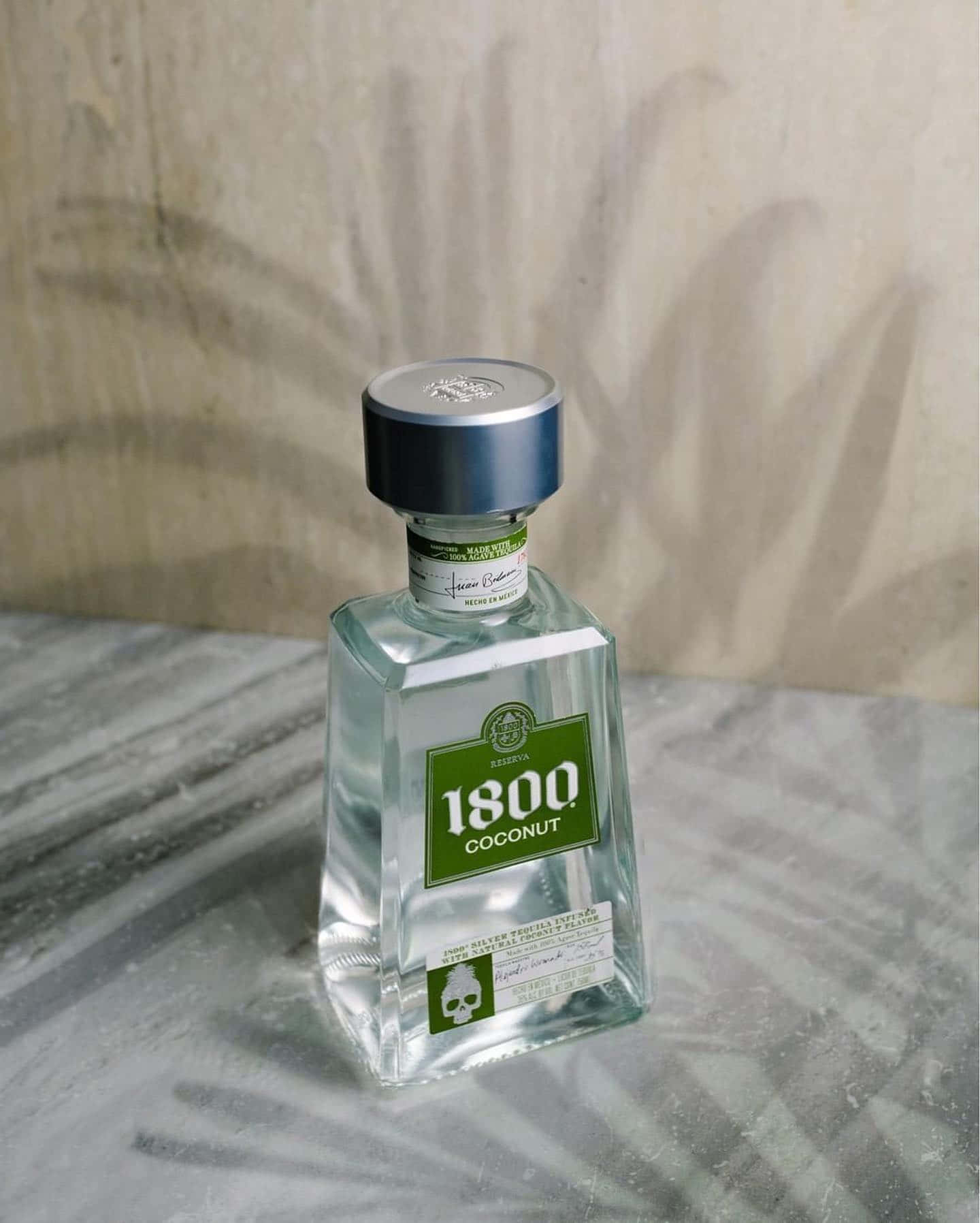 alcohol 桌布 壁紙 — 一個透明的1800椰子龍舌蘭酒瓶放在大理石表面上，背後有紋理的牆壁上投射出棕櫚葉的影子。