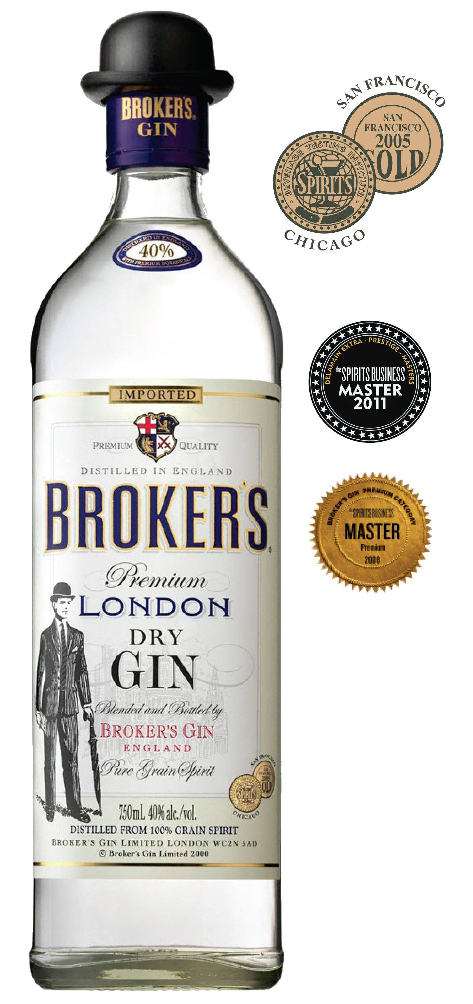 飲料 桌布 壁紙 — 一個透明的Broker's Premium London Dry Gin酒瓶，帶有復古標籤和獎項封條，在白色背景上展示。