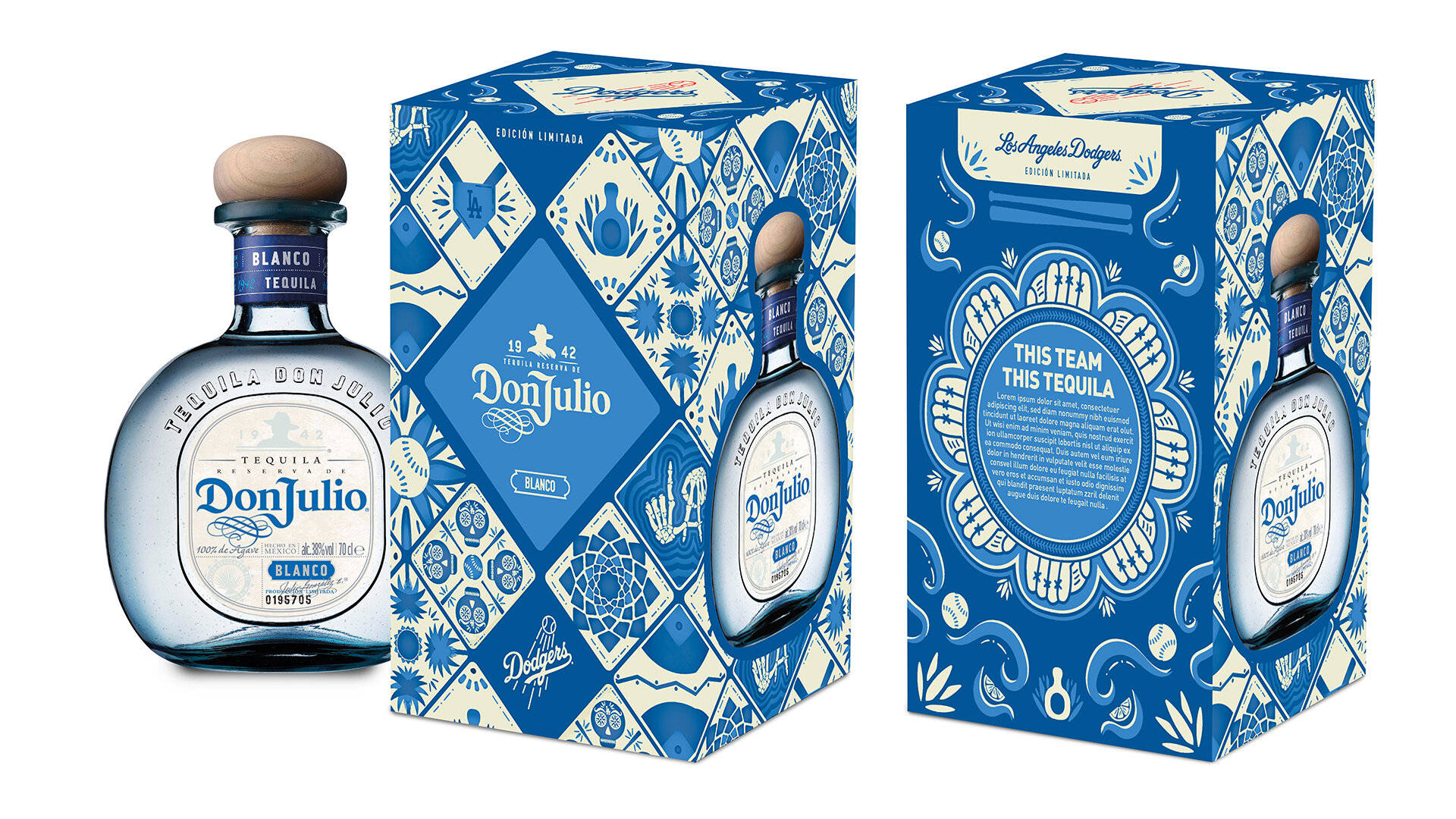 bottle 桌布 壁紙 — 一個透明的Don Julio Blanco龍舌蘭酒瓶旁邊有兩個帶有洛杉磯道奇隊品牌標誌的複雜圖案藍白限量版盒子。