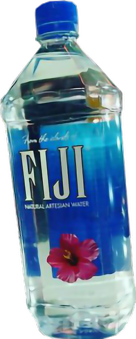 斐濟 桌布 壁紙 — 一個透明的Fiji水瓶，藍色瓶蓋和標籤上有一朵粉紅色芙蓉花，背景為深色。