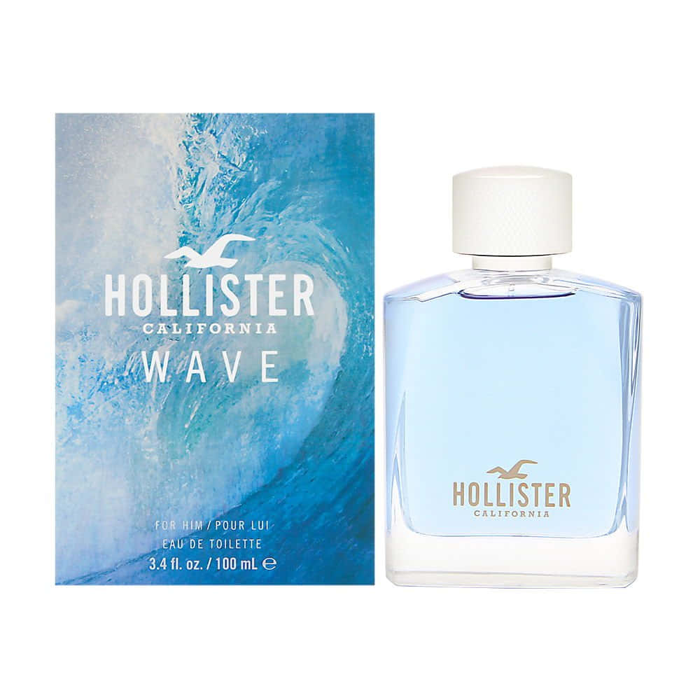 Hollister 桌布 壁紙 — 一個透明的Hollister California Wave古龍水瓶，旁邊是一個有動感藍色海浪和海鷗標誌的盒子。