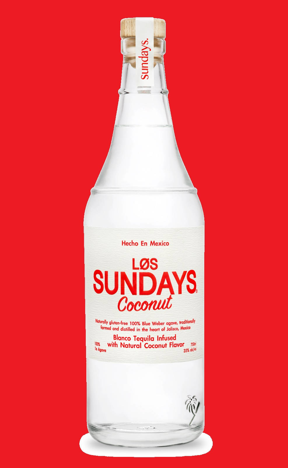 Coconut 桌布 壁紙 — 一個透明的Los Sundays椰子龍舌蘭酒瓶，居中放在大膽的紅色背景上，帶有白色標籤文字。