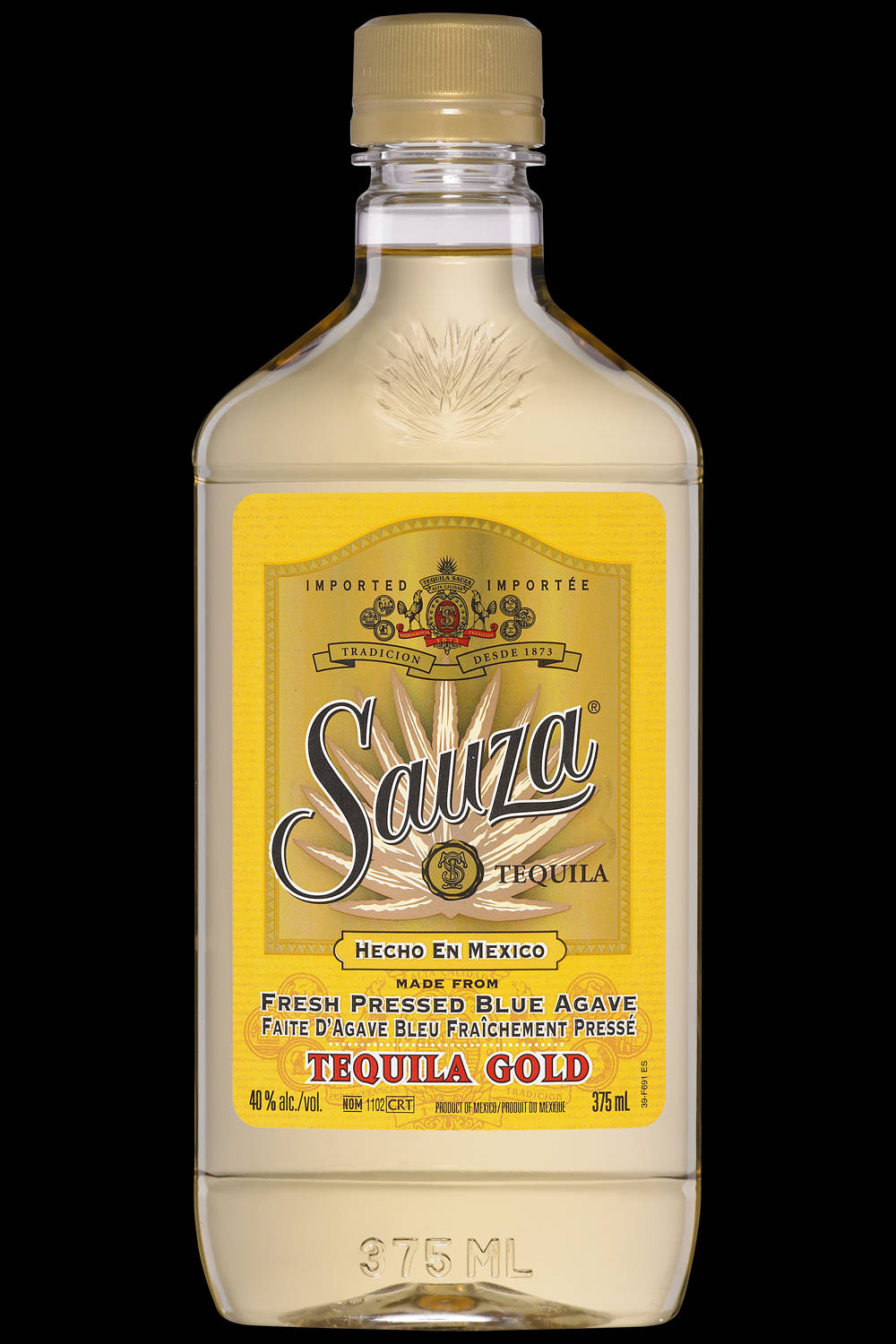 高清 桌布 壁紙 — 一個透明的Sauza Tequila Gold酒瓶，帶有黃色標籤，立在黑色背景前。