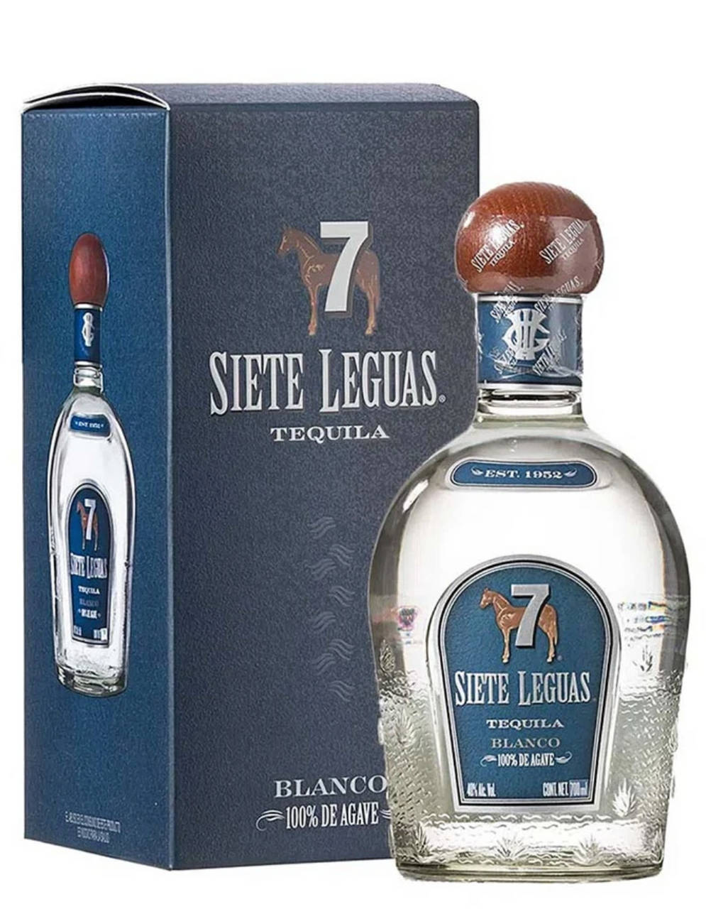 雙螢幕桌布 桌布 壁紙 — 一個透明的Siete Leguas Blanco龍舌蘭酒瓶，配有木塞，旁邊是它的深藍色品牌盒，上面有馬的標誌。