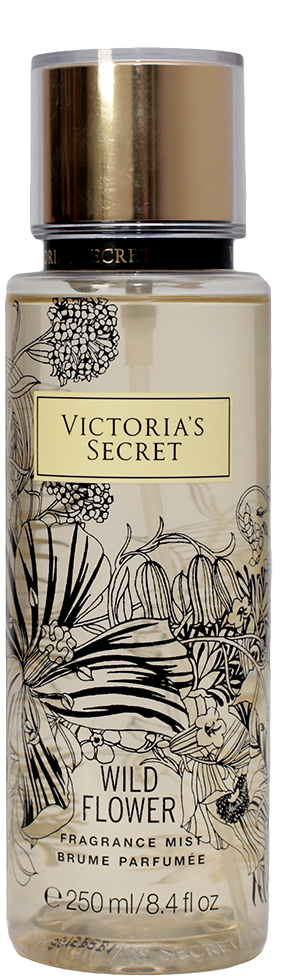 維多利亞的秘密 桌布 壁紙 — 一個透明的Victoria's Secret Wild Flower香水噴霧瓶，帶有黑色花卉插圖和金色瓶蓋。