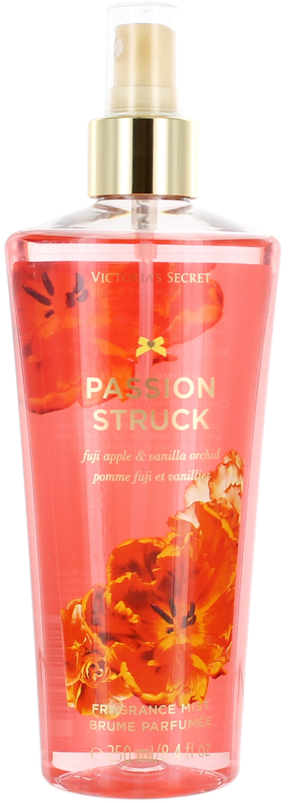 維多利亞的秘密 桌布 壁紙 — 一個透明的Victoria's Secret Passion Struck香水噴霧瓶，裝滿粉紅色液體和橙色花卉圖案。