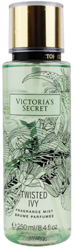 維多利亞的秘密 桌布 壁紙 — 一個透明的Victoria's Secret Twisted Ivy香水噴霧瓶，配有金色蓋子和植物插圖。