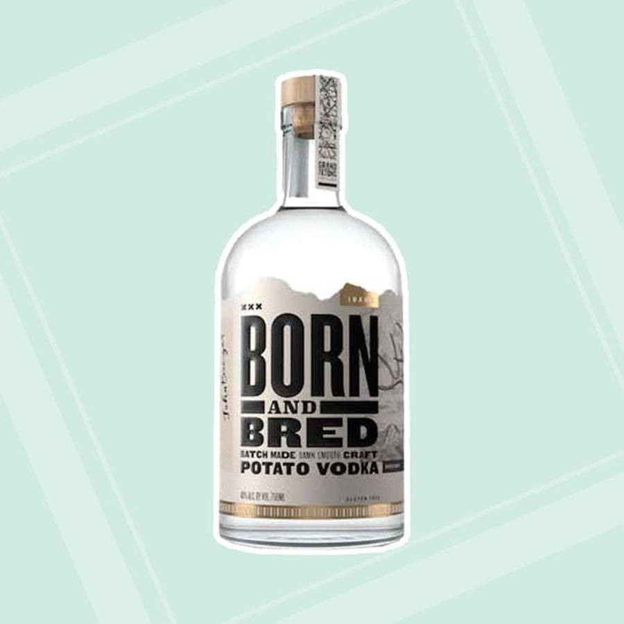 Drink 桌布 壁紙 — 一個透明的玻璃瓶裝 Born and Bred 馬鈴薯伏特加，置於柔和的薄荷綠色幾何背景中央。