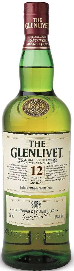 Drink 桌布 壁紙 — 一個透明綠色玻璃瓶的 The Glenlivet 12年單一麥芽蘇格蘭威士忌，帶有栗色瓶蓋和詳細標籤。