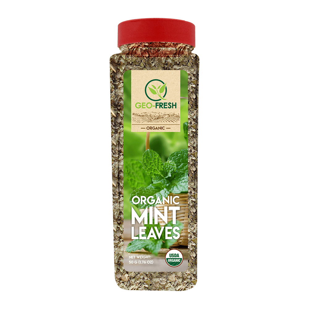 Mint 桌布 壁紙 — 一個透明罐子裝滿乾薄荷葉和紅色蓋子，標籤顯示新鮮薄荷和「有機」認證。