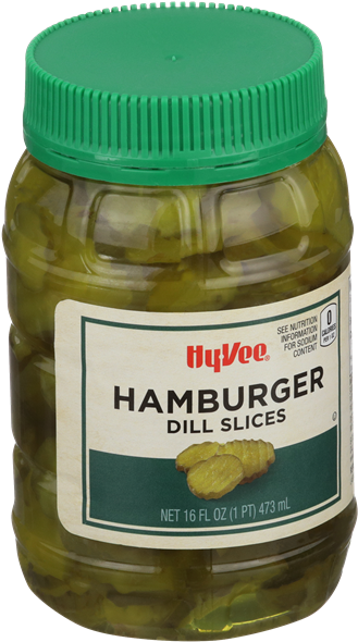 Pickle 桌布 壁紙 — 一個透明罐子裝滿綠色蒔蘿泡菜片，用亮綠色蓋子密封，標籤為HyVee漢堡蒔蘿片。